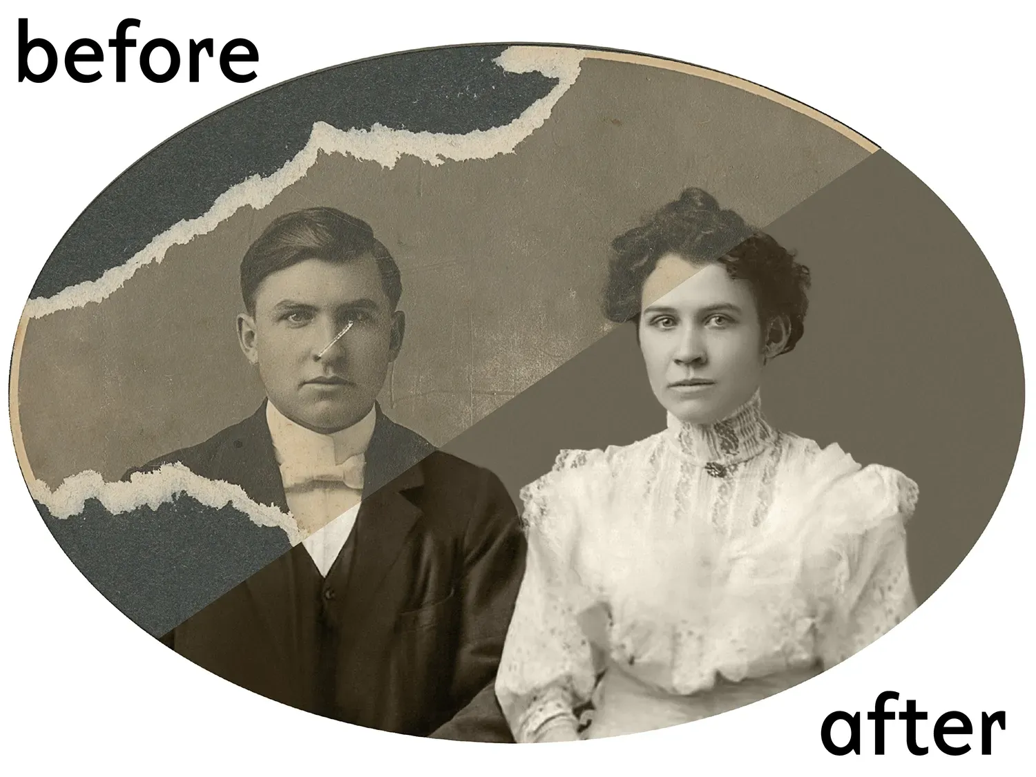 Before-and-after restored portrait of a man and woman with torn-paper reveal effect.