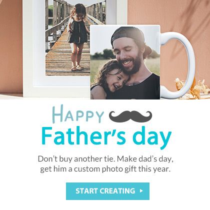 Father's Day card with two photos, a mustache icon, and text reading “Happy Father’s Day” and “Start Creating”