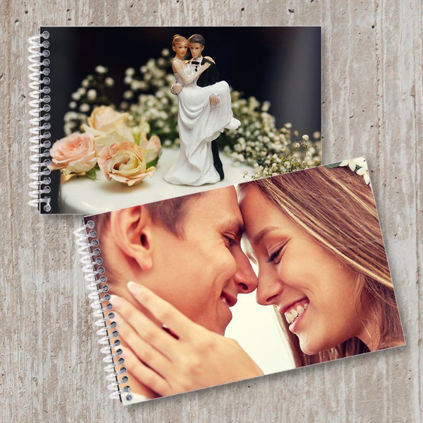 Wedding-themed photo album with roses and a close-up of a smiling couple touching foreheads