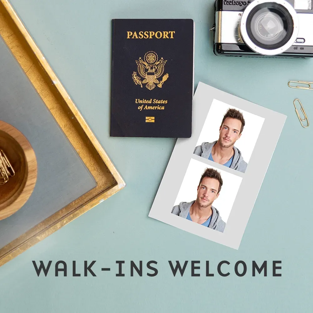 Passport, instant photo camera, and ID photos on a tabletop with “WALK-INS WELCOME” text