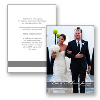 Wedding invitation and photo featuring a smiling couple in formal attire, bride holding a bouquet and groom in a suit