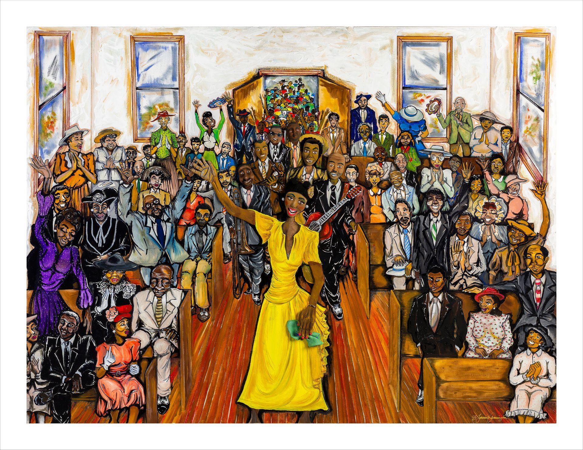 Crowded art gallery with a central figure in bright yellow, surrounded by colorful paintings and seated onlookers