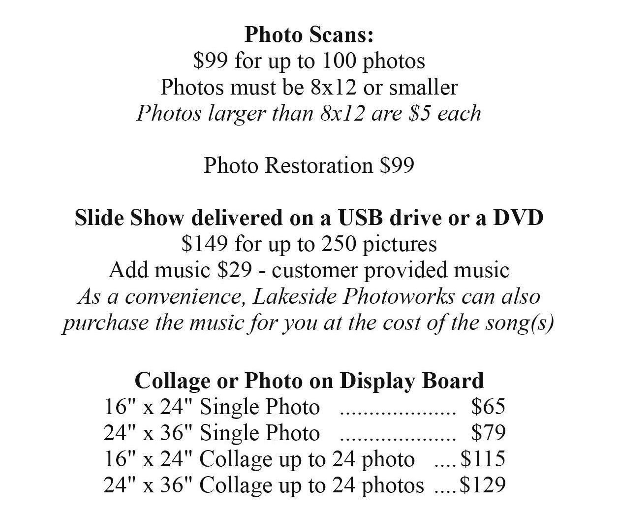 Service price list for photo scanning, restoration, slideshow DVDs, and college photo display boards