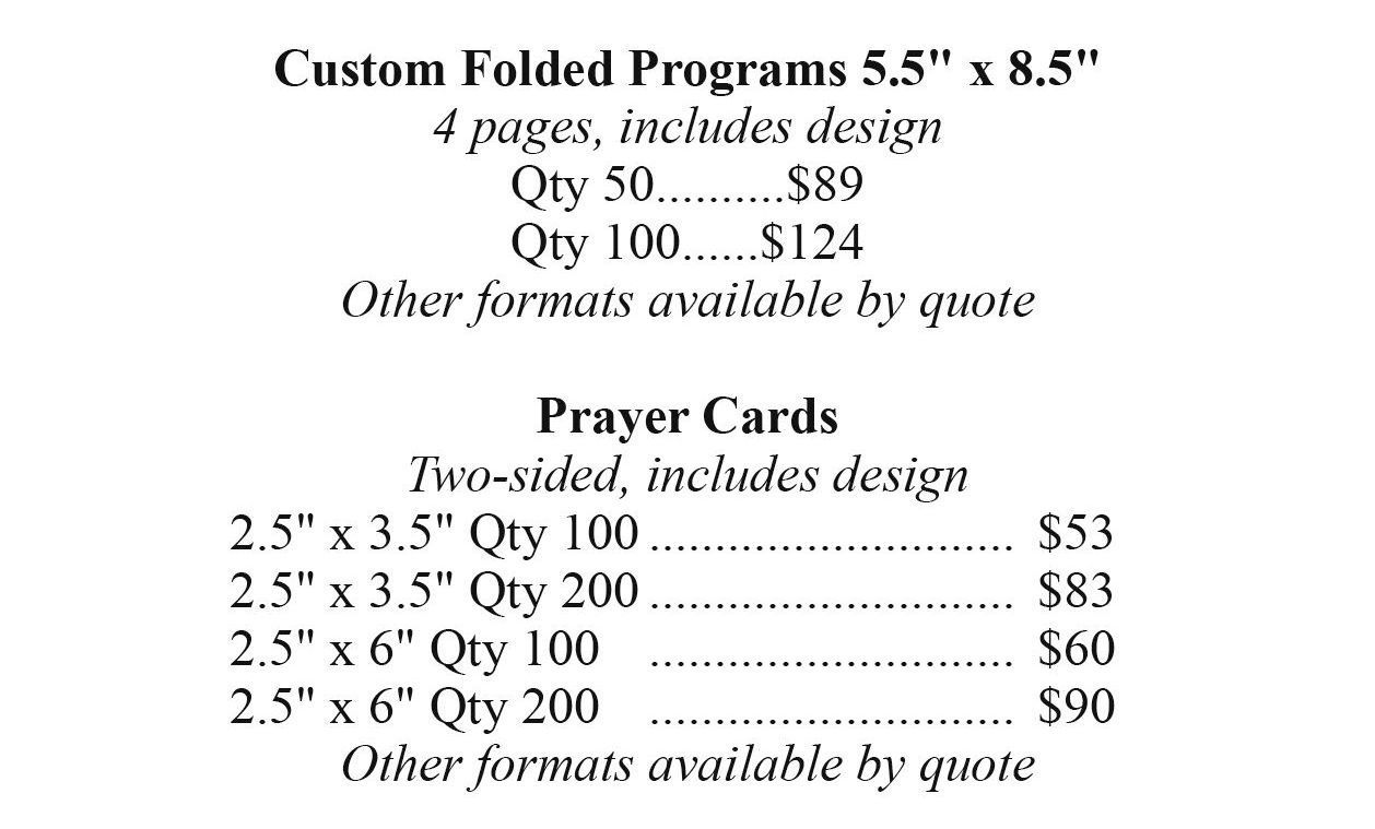 Pricing list for custom folded programs and prayer cards with quantities and prices.