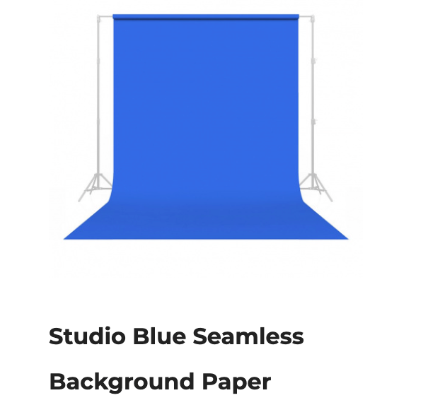 Studio blue seamless background paper on a white stand