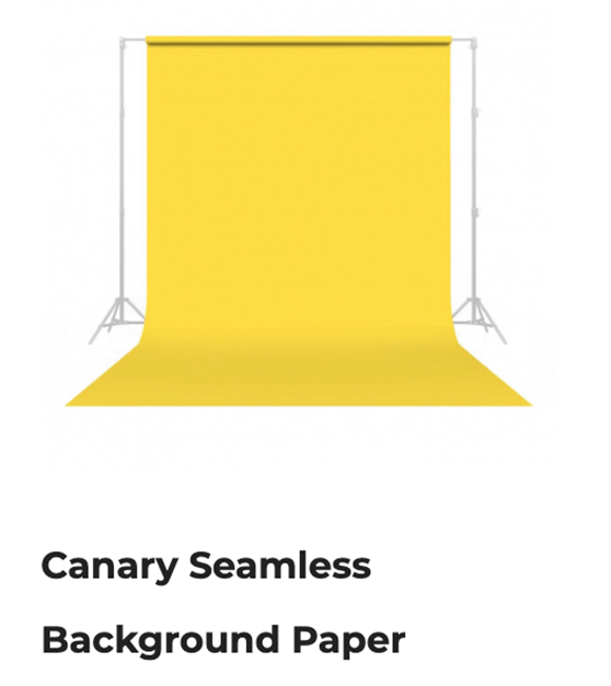 Yellow seamless background paper on a stand with the label “Canary Seamless Background Paper”