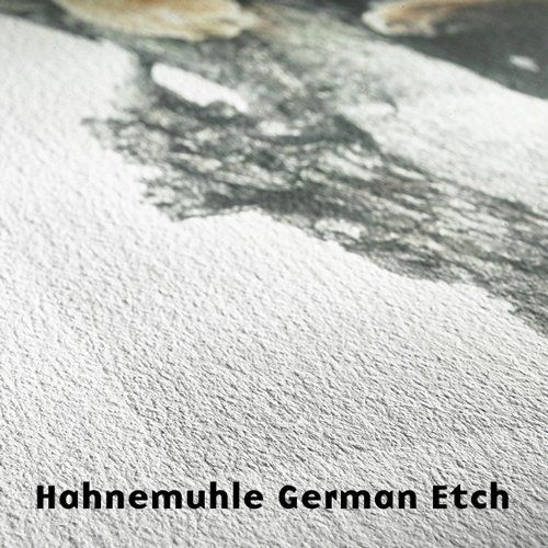 Close-up of textured white paper with a black printed edge and “Hahnemuhle German Etch” text.