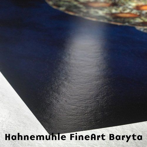 Close-up of a glossy dark print sample with white corner and “Hahnemuhle FineArt Baryta” text