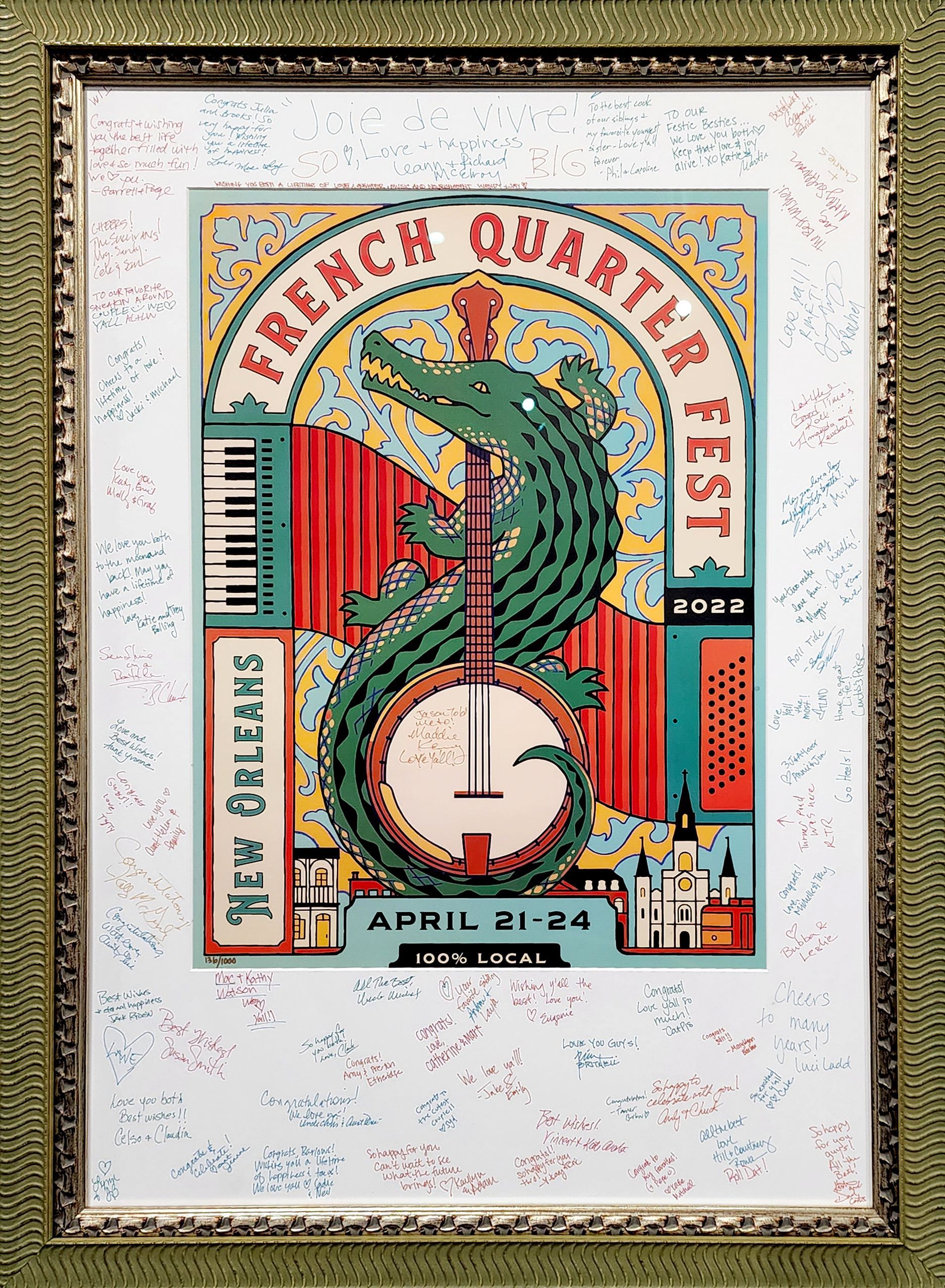 French Quarter Fest poster with a green alligator saxophonist, red curtains, and April 21-24 text