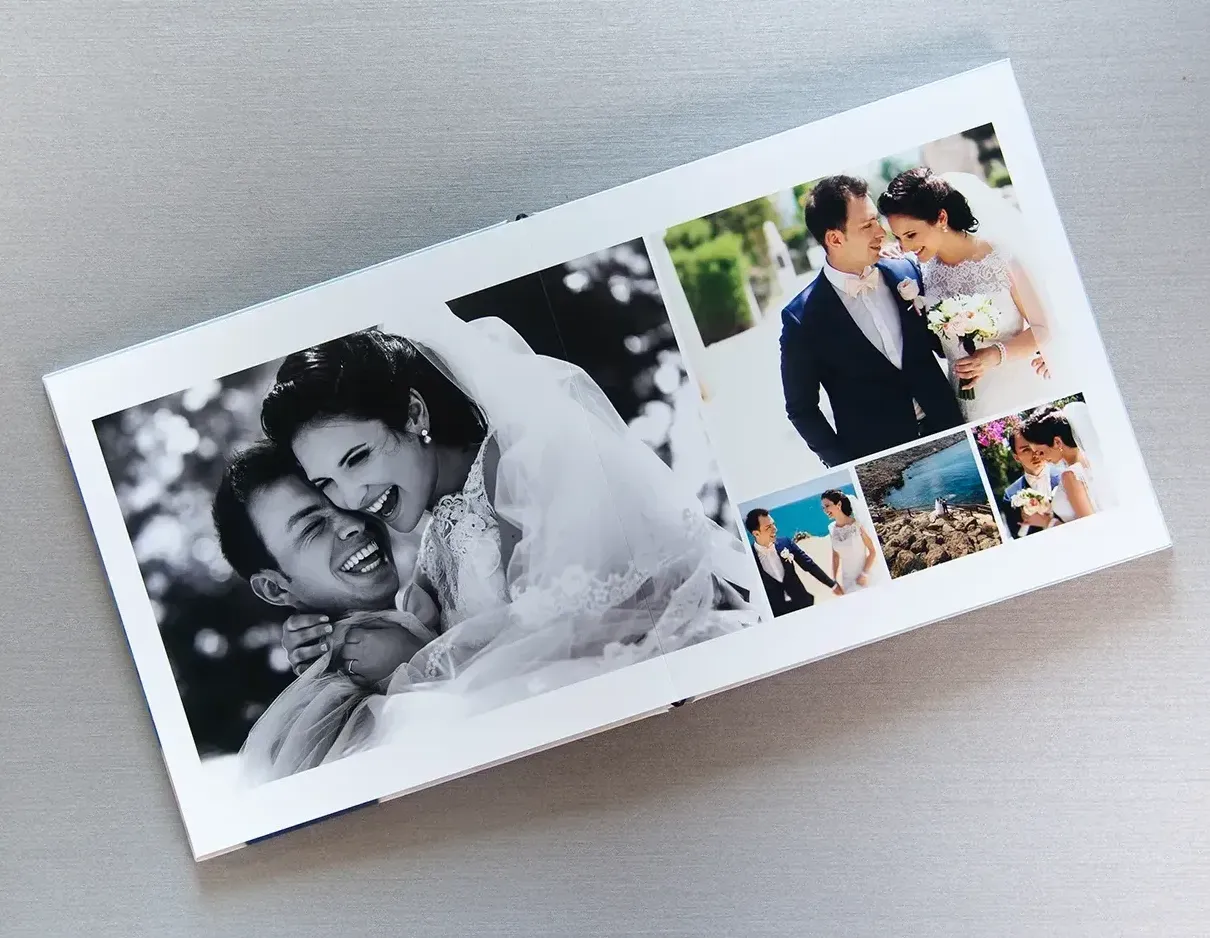 Wedding photo collage on a white canvas, featuring a black-and-white portrait and colorful ceremony snapshots