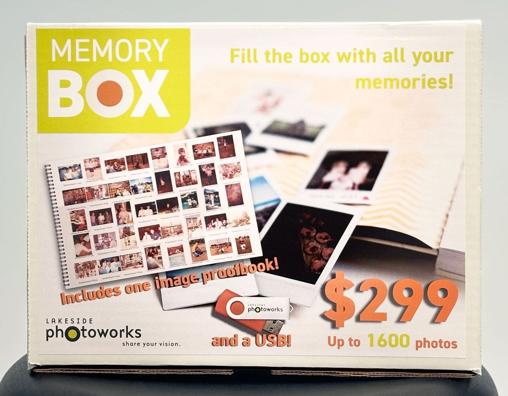 Memory Box product box with photo collage, $29.99, and text “Fill the box with all your memories!”