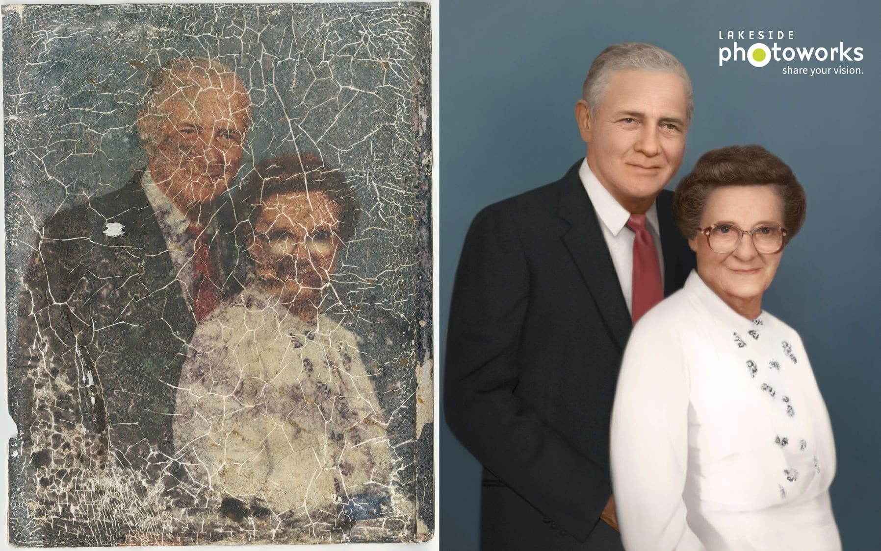 Restored portrait showing an older couple before and after digital repair, side by side.