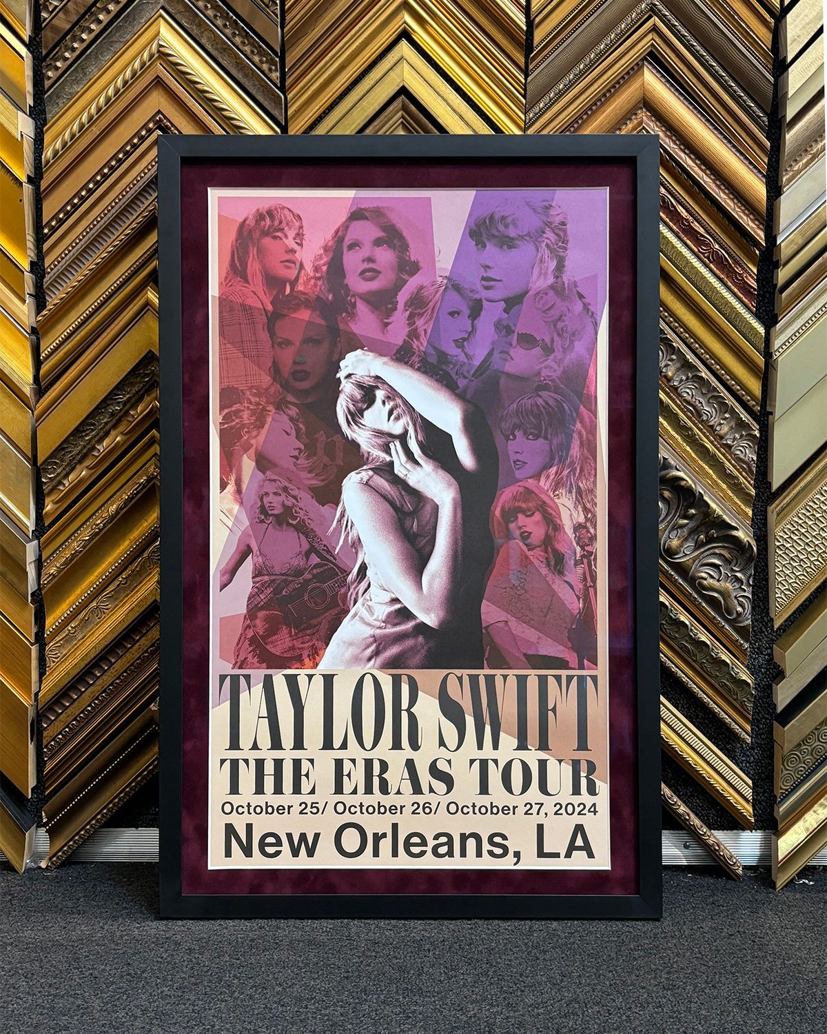 Taylor Swift “The Eras Tour” poster in a black frame with a chevron-pattern backdrop, New Orleans, LA