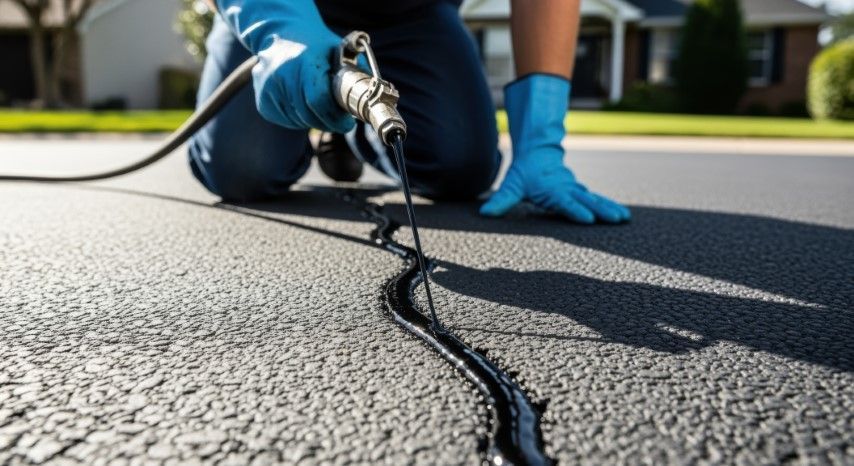 Person kneeling, sealing asphalt crack with black sealant, wearing blue gloves. Outdoors, driveway.
