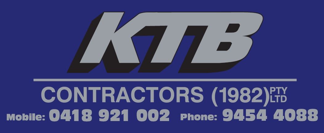KTB Contractors logo on blue background with phone numbers 0418 921 002 and 9454 4088