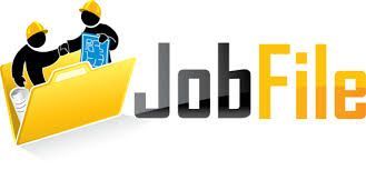 Two workers with hard hats beside a yellow folder and the JobFile logo