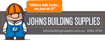 Johns Building Supplies banner with cartoon builder mascot, slogan, website, and phone number on gray background