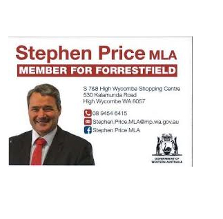 Stephen Price MLA campaign card, smiling portrait beside red text and Western Australia government logo.