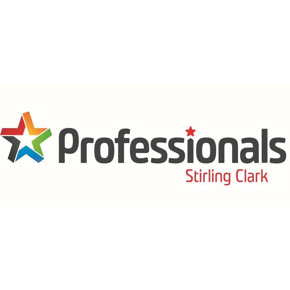 Professionals Stirling Clark logo with multicolored star icon and gray-red text