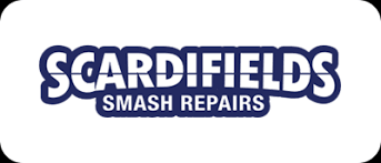 Scardifields Smash Repairs logo in dark blue and white on a white background