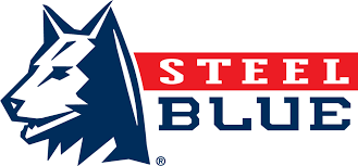 Steel Blue logo with a white and navy wolf head beside red and navy text.