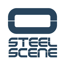 Steel Scene logo with dark blue rounded rectangle and stylized text on white background