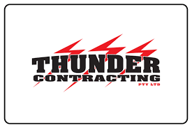 Thunder Contracting logo with black text and red lightning bolts on a white background