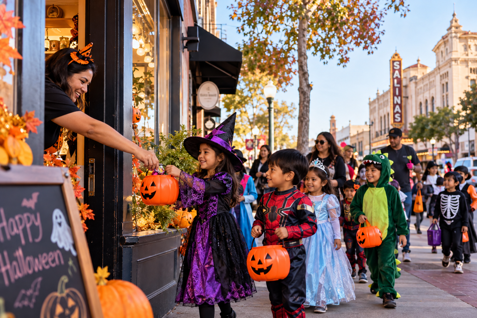 Children in Halloween costumes collecting candy from downtown businesses in Main Street Salinas
