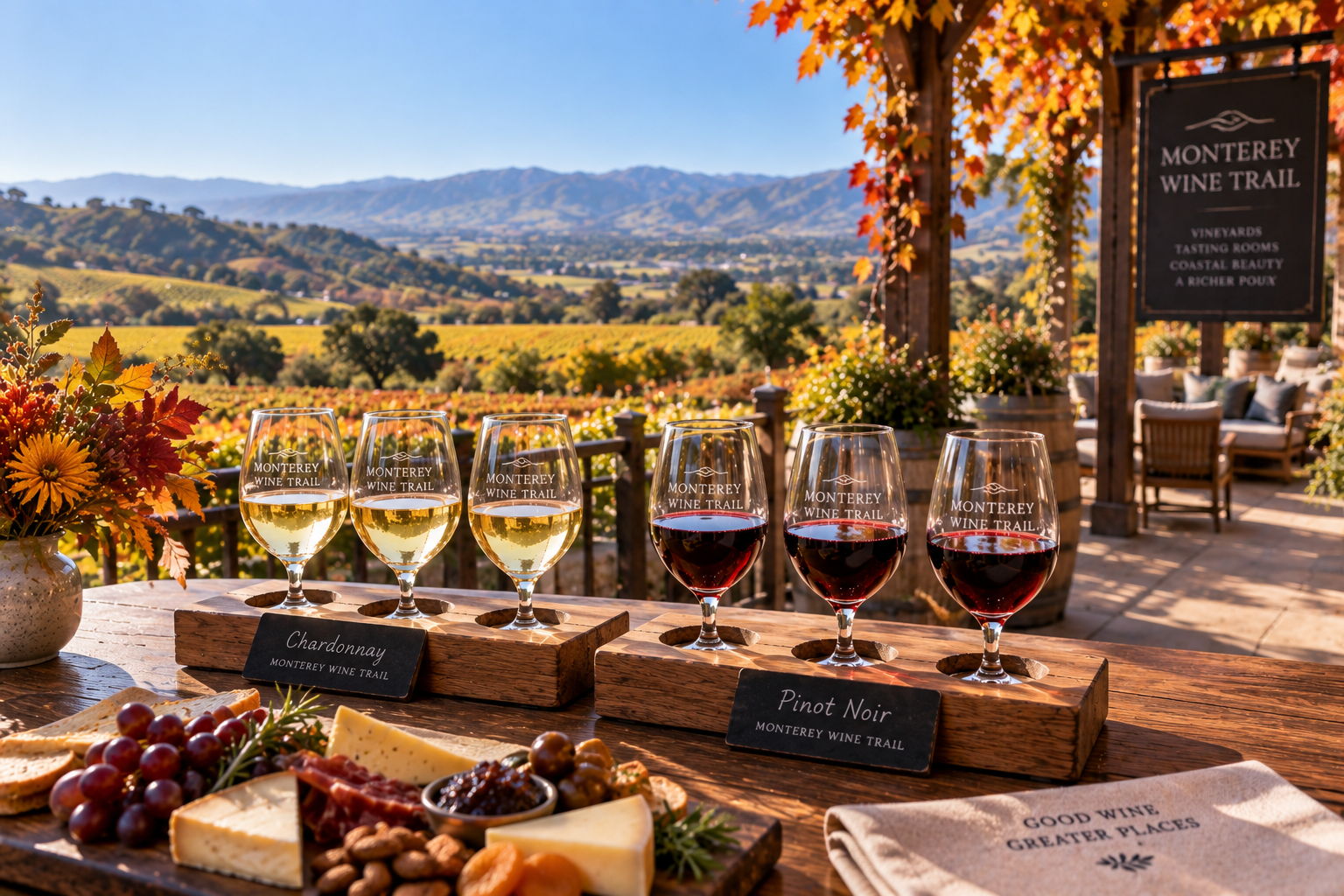 Wine tasting flight of Pinot Noir and Chardonnay on a sunny patio along the Monterey Wine Trail