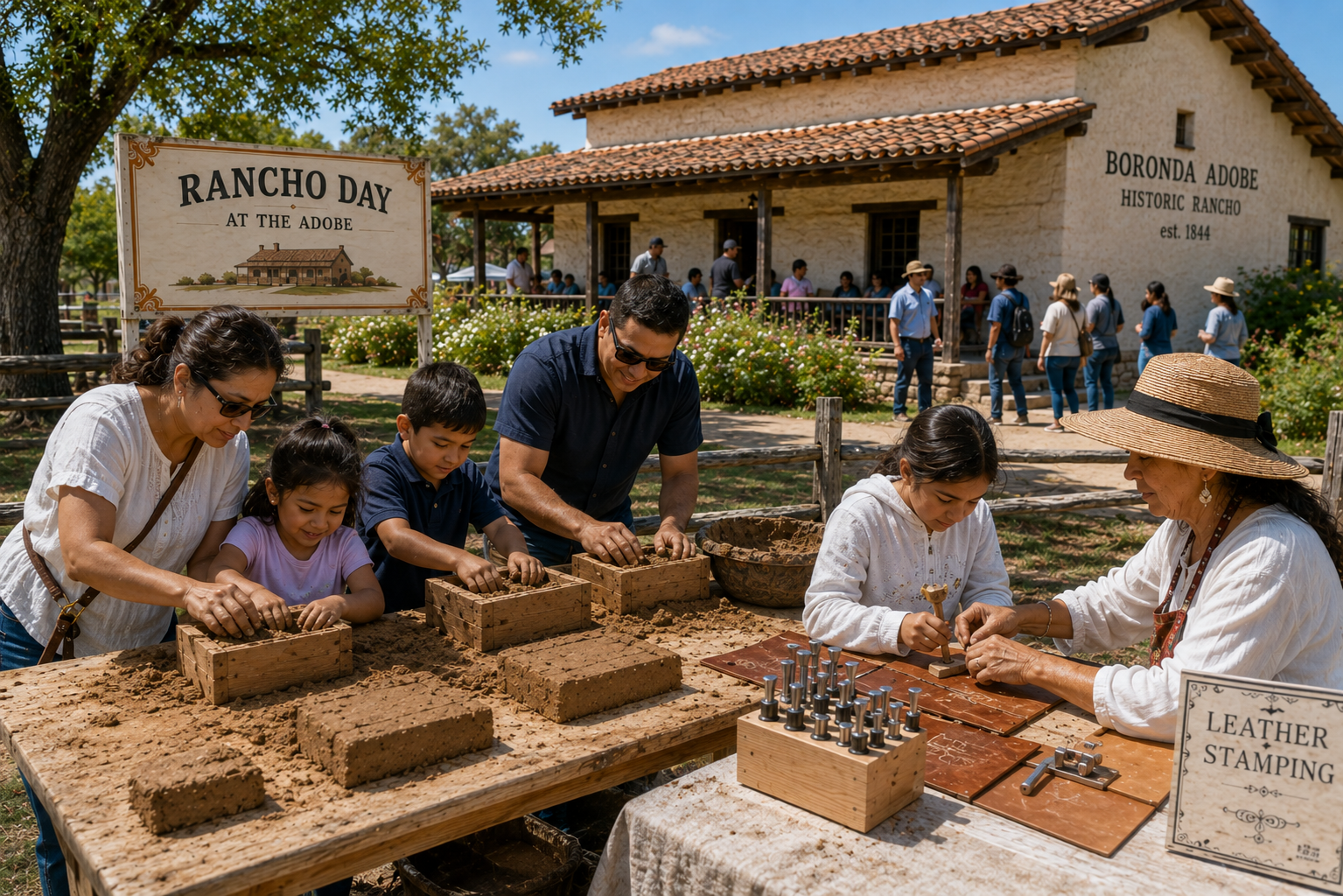 Families learning adobe brick making and rancho-era crafts at Rancho Day at the Adobe, Salinas