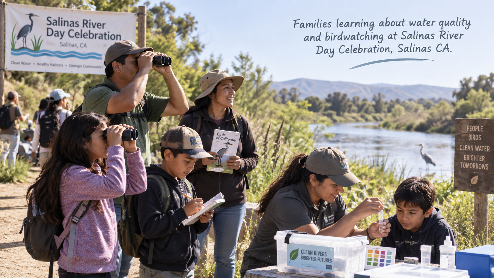 Families learning about water quality and birdwatching at Salinas River Day Celebration, Salinas CA.