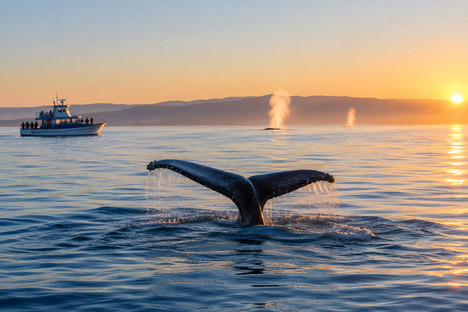 Whale spouts and tail flukes on calm Monterey Bay water during an October whale-watching tour
