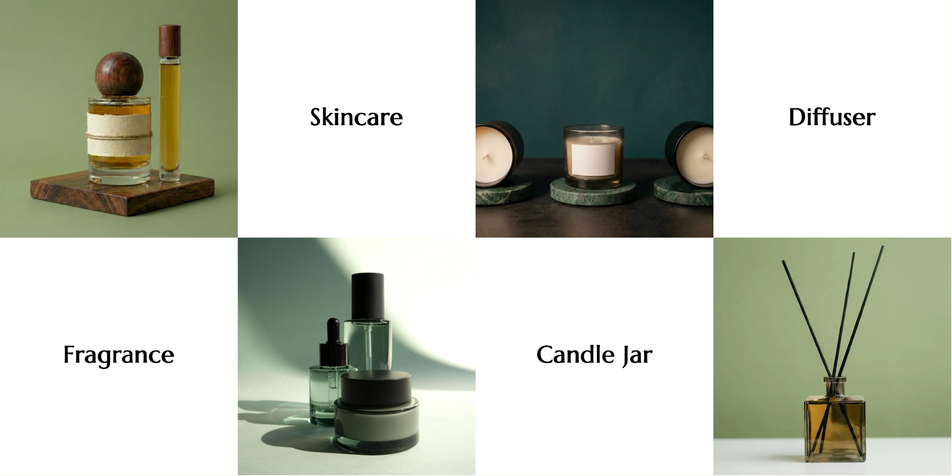 glass packing of perfume, skincare, candle jars and diffuser 