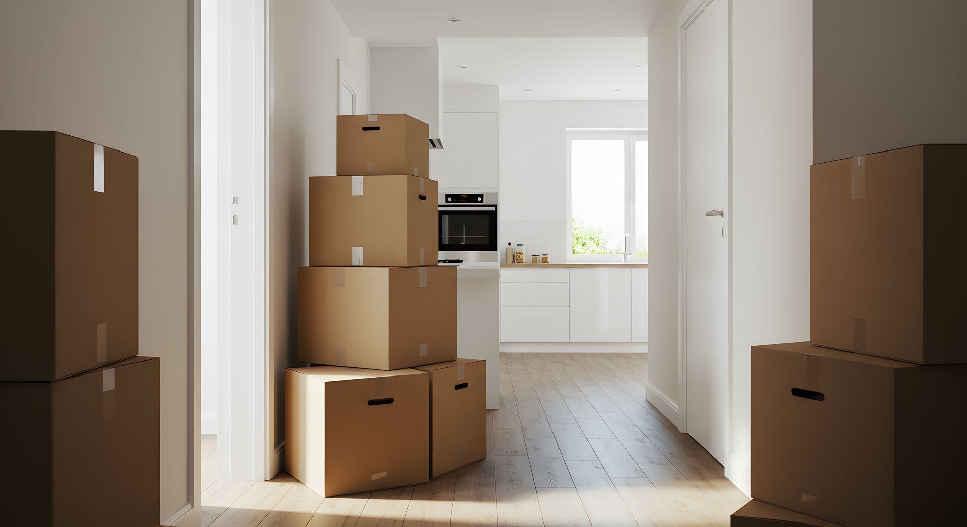 Stacks of cardboard moving boxes in a bright empty hallway leading to a sunlit kitchen.