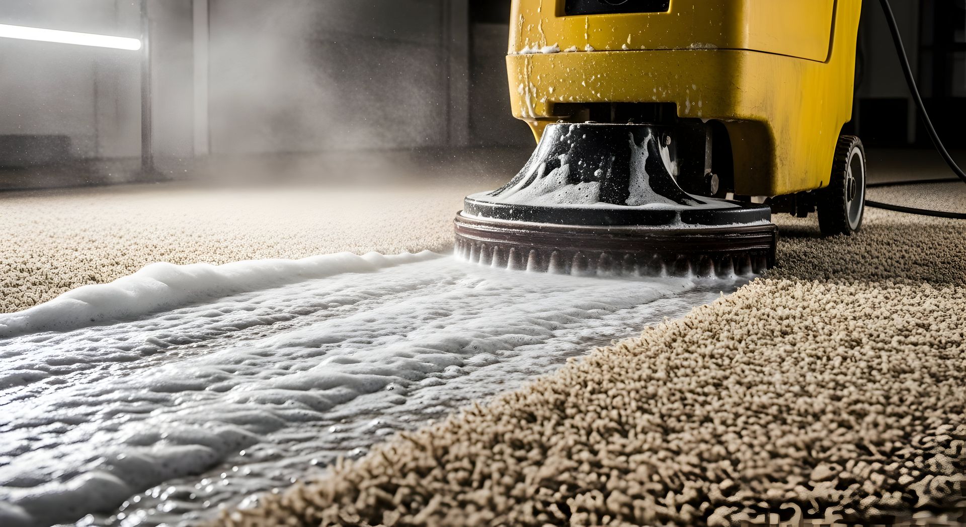 Yellow floor-cleaning machine scrubbing a wet carpet, leaving a foamy cleaning trail indoors