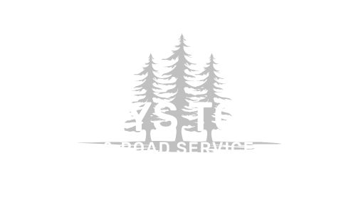 A logo for a road service company with three pine trees on a white background.