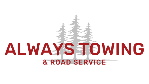 A logo for always towing and road service with three trees in the background.