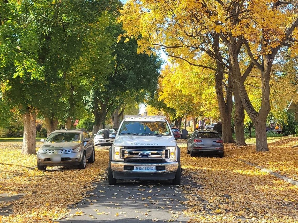 A white truck is parked on the side of a road covered in leaves.