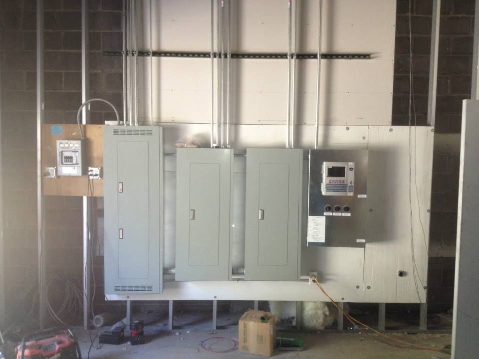 Industrial electrical control panels mounted on a wall in a utility room.