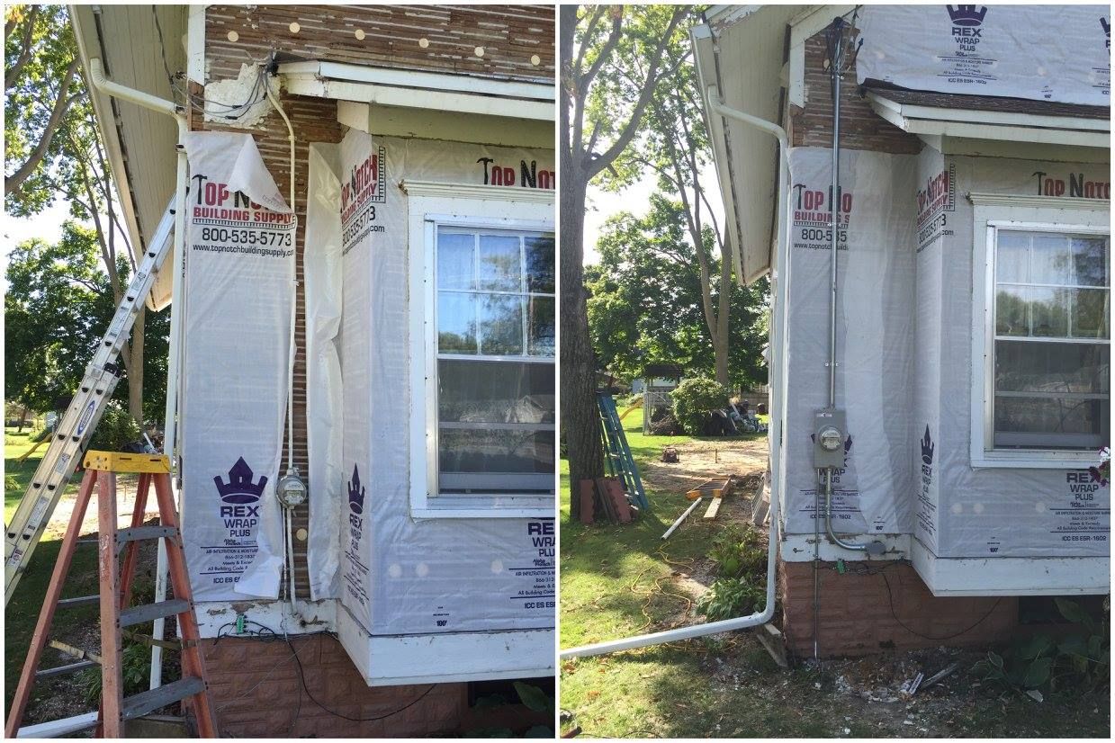 Before-and-after view of a house corner with damaged siding and torn insulation, then repaired and covered with house wrap.