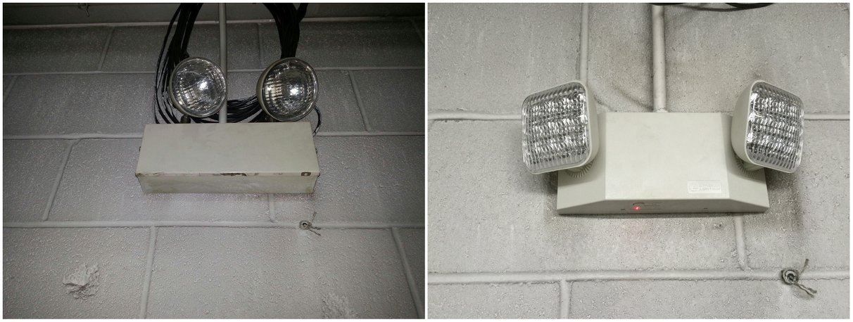 Side-by-side views of a white wall-mounted box with two clear light fixtures attached on top