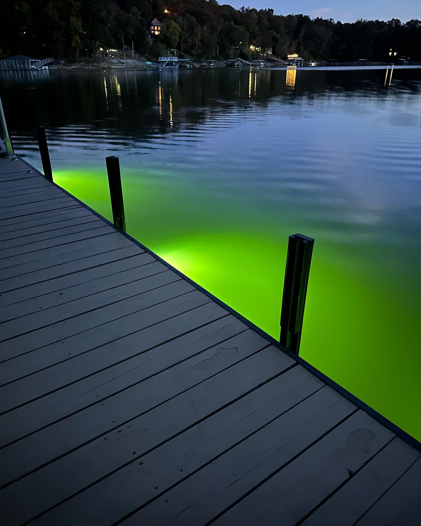 Dock overlooking neon-green glowing water at dusk with distant shoreline lights