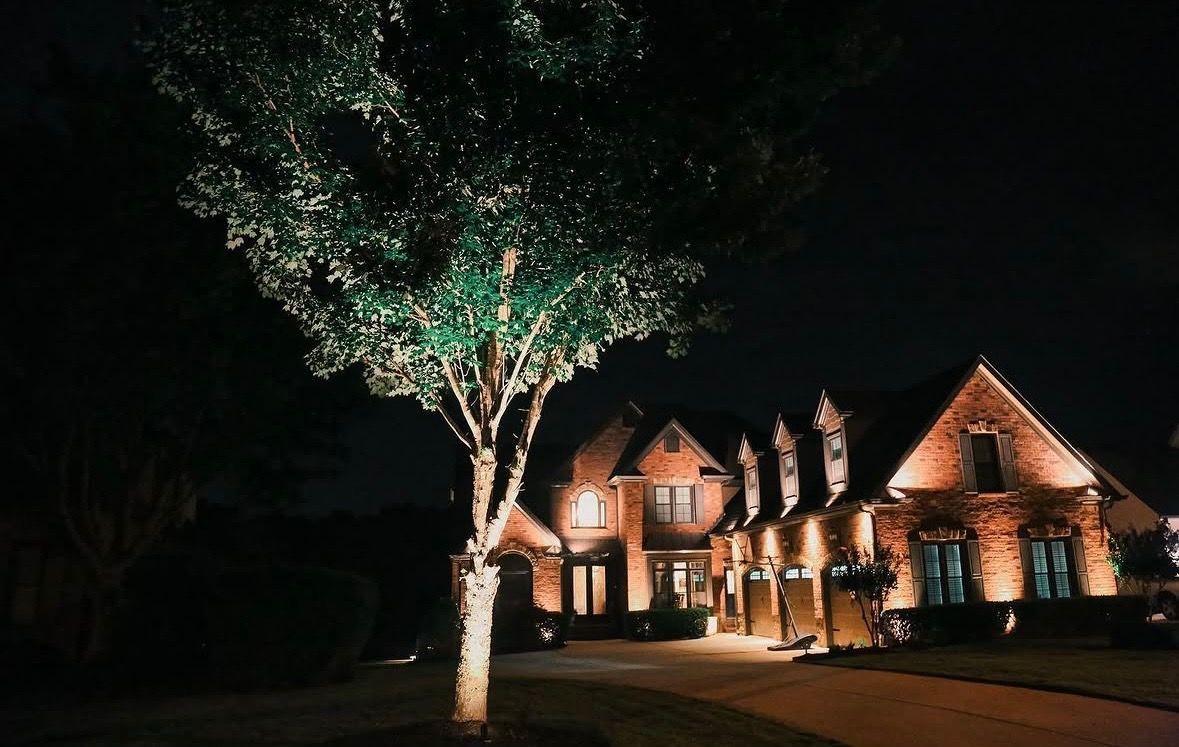 Lit house at night with a large tree in the foreground
