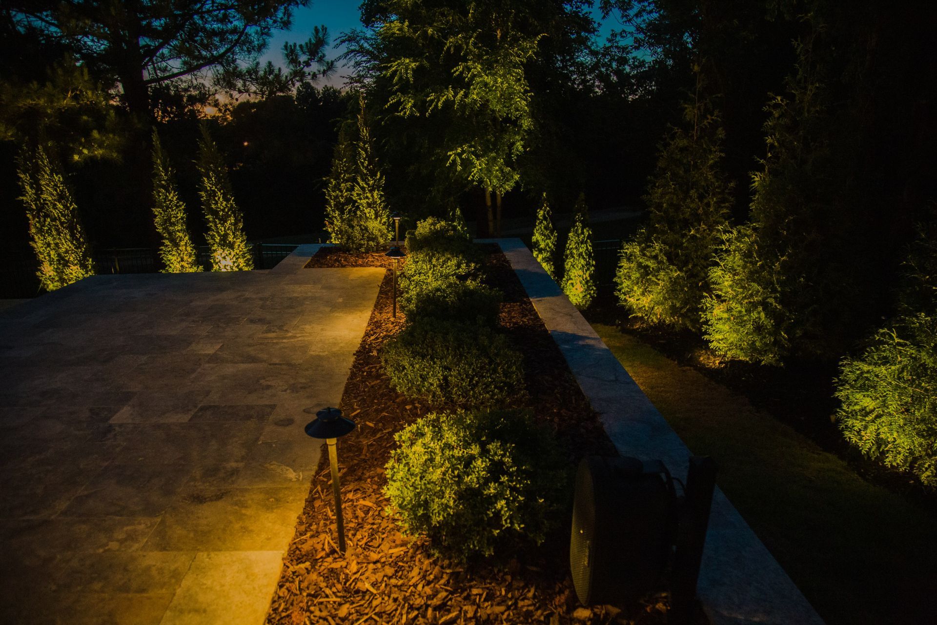 Nighttime garden path with illuminated shrubs and hedges beside a concrete walkway