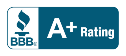 A blue and white bbb a+ rating logo