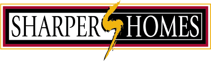 A logo for sharper homes with a lightning bolt in the middle