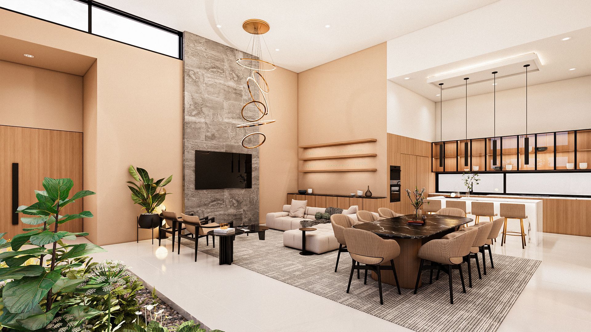 Área social interior (sala) con acabados claros, amaderados combinados con iluminación natural y artificial