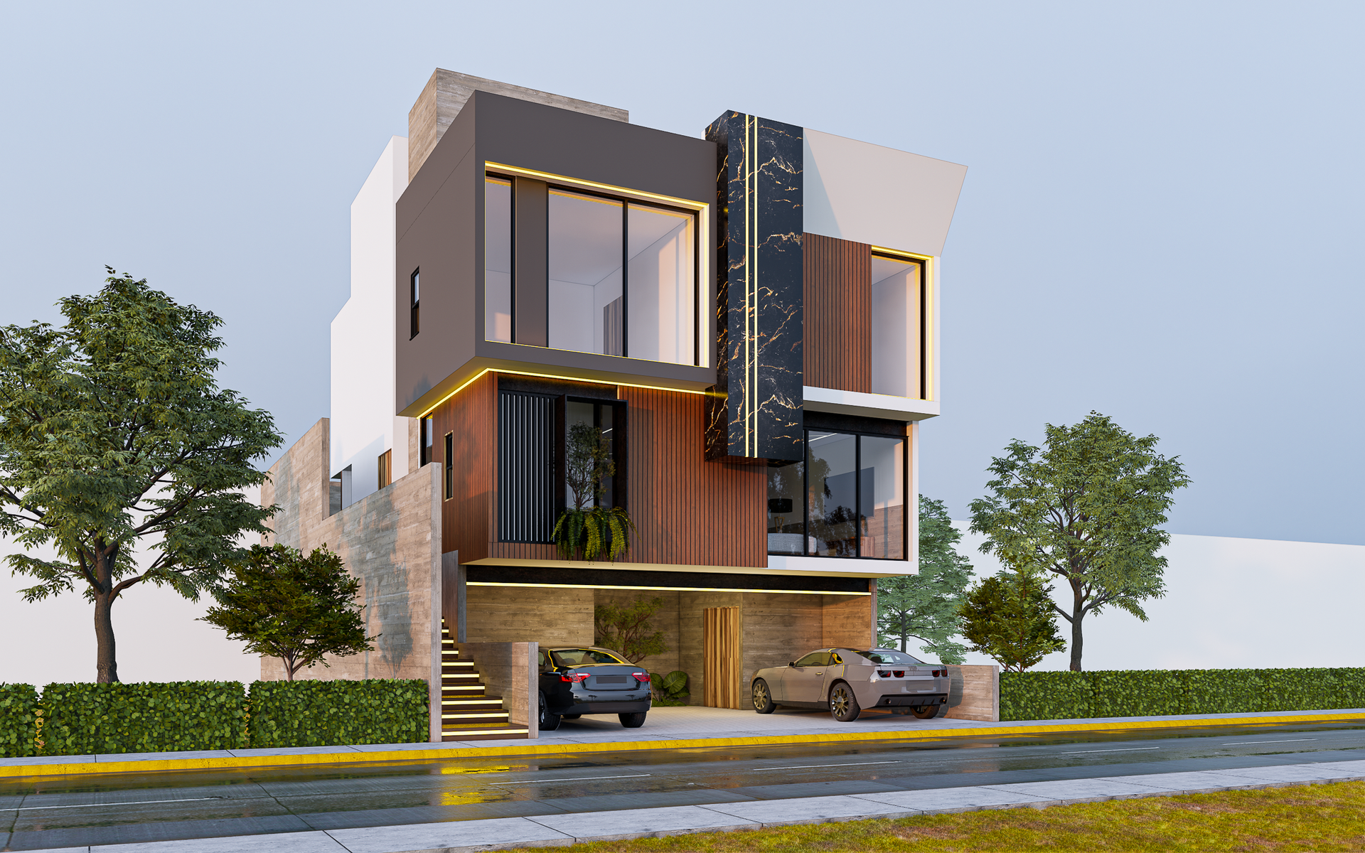 OHMS ARQUITECTURA Entrada con cochera con acabados amaderados