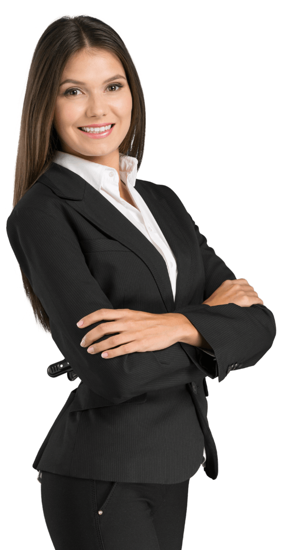 A woman in a business suit with her arms crossed