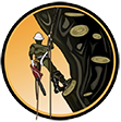 Rock climber on a rope scaling a dark rock wall inside a circular logo-like emblem.